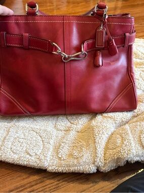 Prestine Coach Hampton Satchel, Red Leather Tote Handbag with Silver Hardware